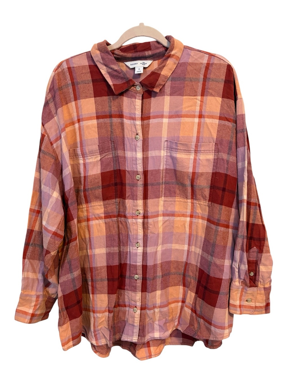 Old Navy “The Boyfriend Shirt” Plaid Button-Down Shirt in Coral, Pink and Orange